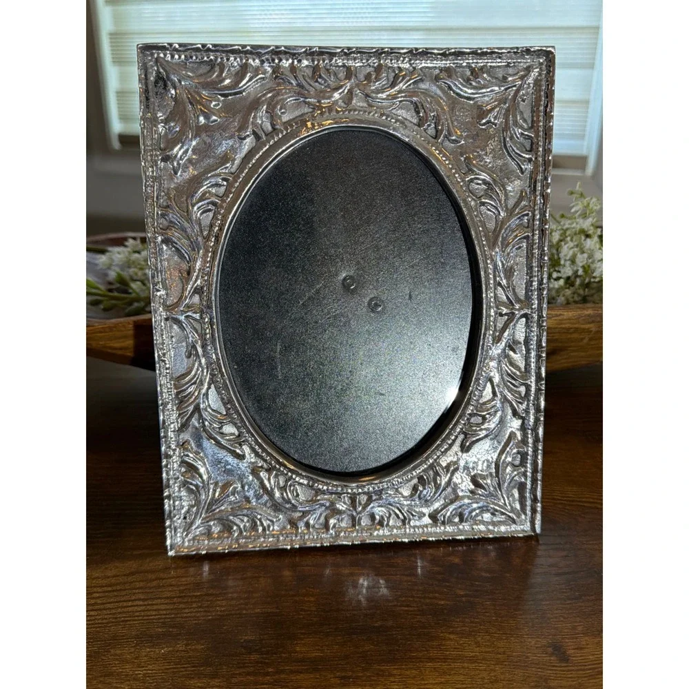 Vintage Ornate Silver Embossed Picture Frame Oval Opening Scrollwork Tabletop